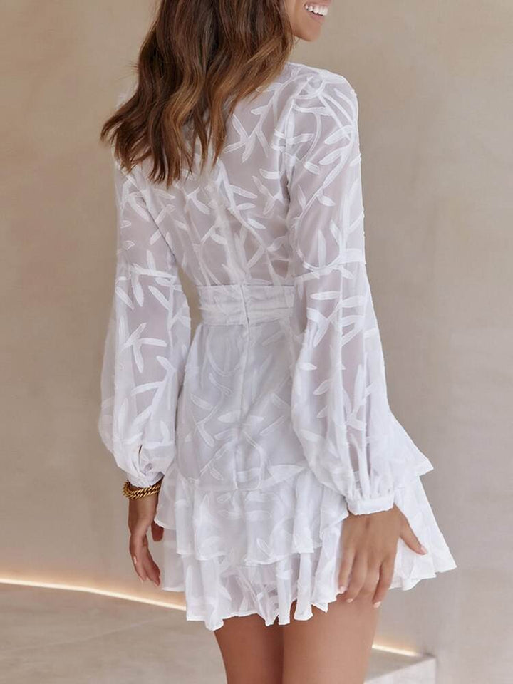 V Neck Lantern Sleeve Jacquard Weave Chiffon Dress - Glow Goddess