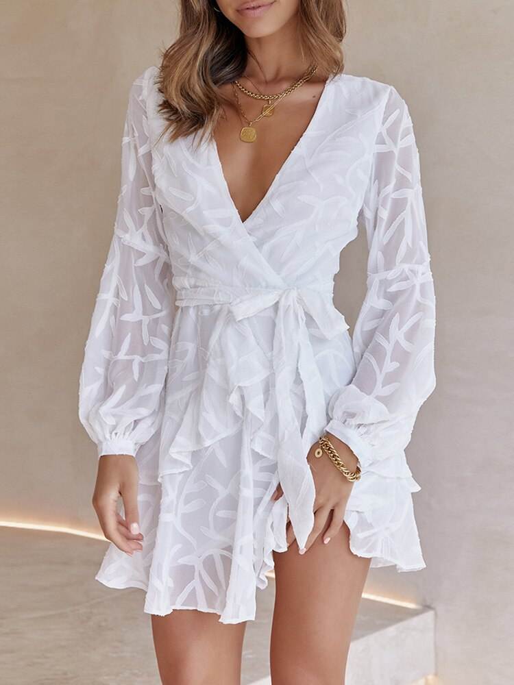 V Neck Lantern Sleeve Jacquard Weave Chiffon Dress - Glow Goddess