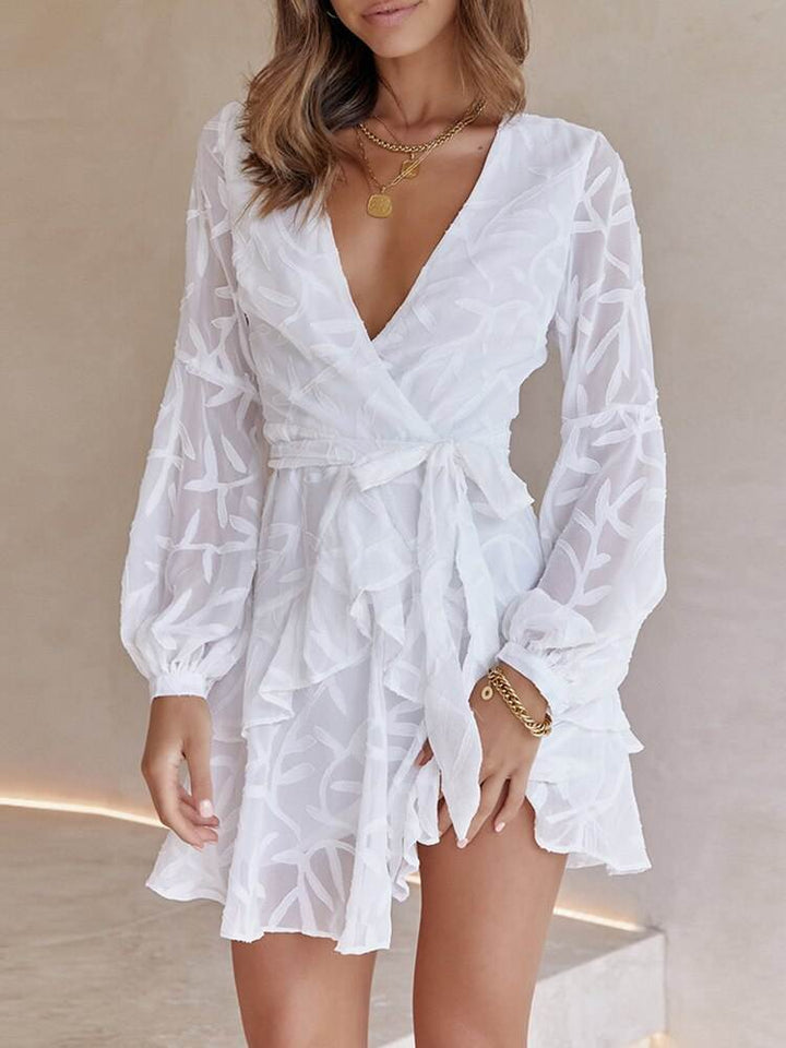 V Neck Lantern Sleeve Jacquard Weave Chiffon Dress - Glow Goddess