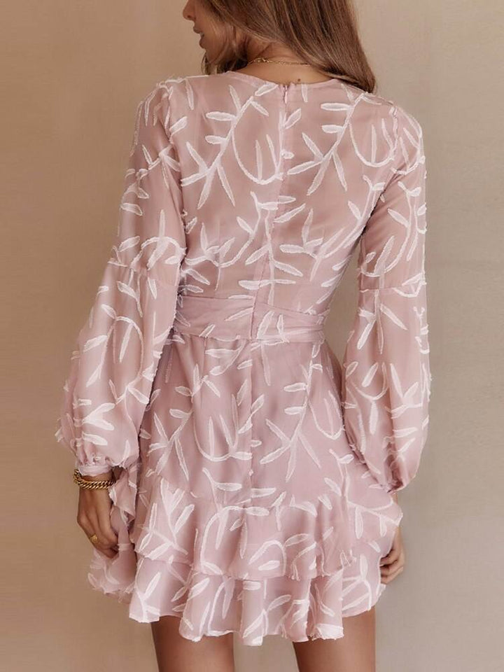 V Neck Lantern Sleeve Jacquard Weave Chiffon Dress - Glow Goddess