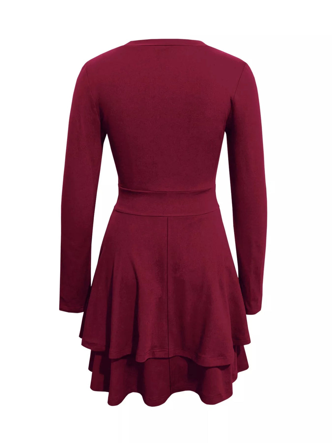 V-Neck Ruffle Mini Dress with layered tiers and flowing silhouette in soft stretch fabric, featuring a flattering V neckline