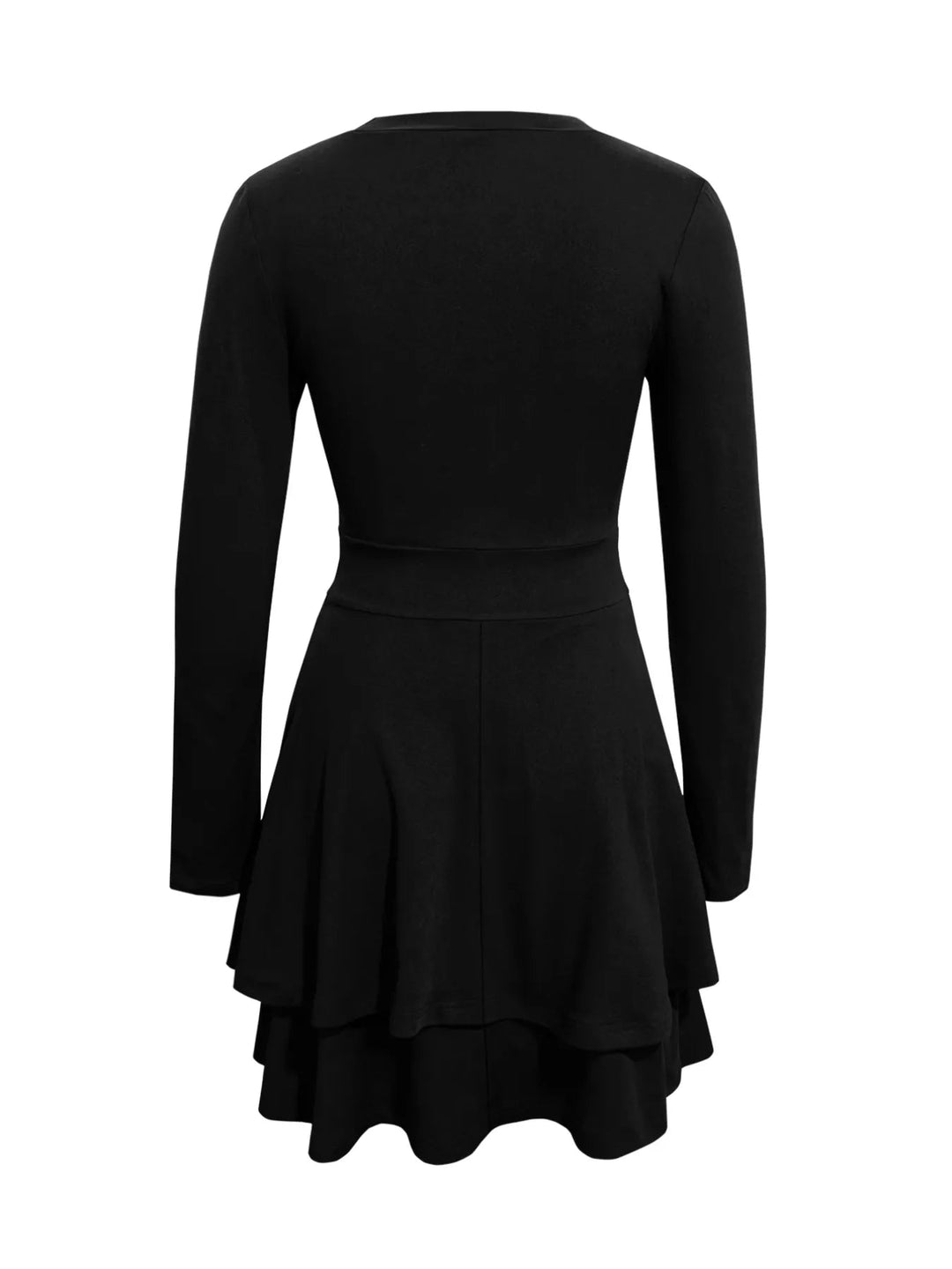 V-Neck Ruffle Mini Dress with layered tiers and flowing silhouette in soft stretch fabric, featuring a flattering V neckline