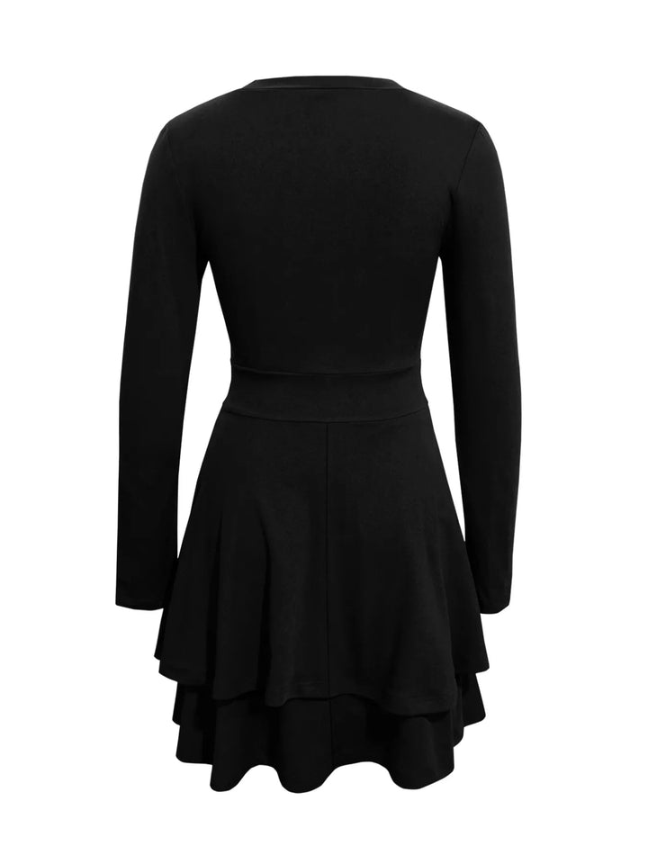 V-Neck Ruffle Mini Dress with layered tiers and flowing silhouette in soft stretch fabric, featuring a flattering V neckline