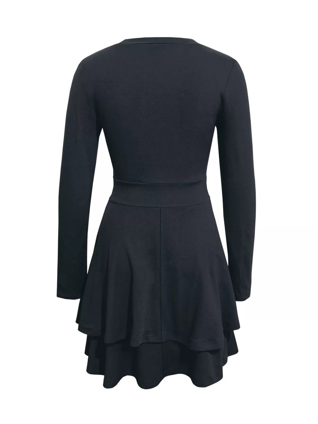 V-Neck Ruffle Mini Dress with layered tiers and flowing silhouette in soft stretch fabric, featuring a flattering V neckline