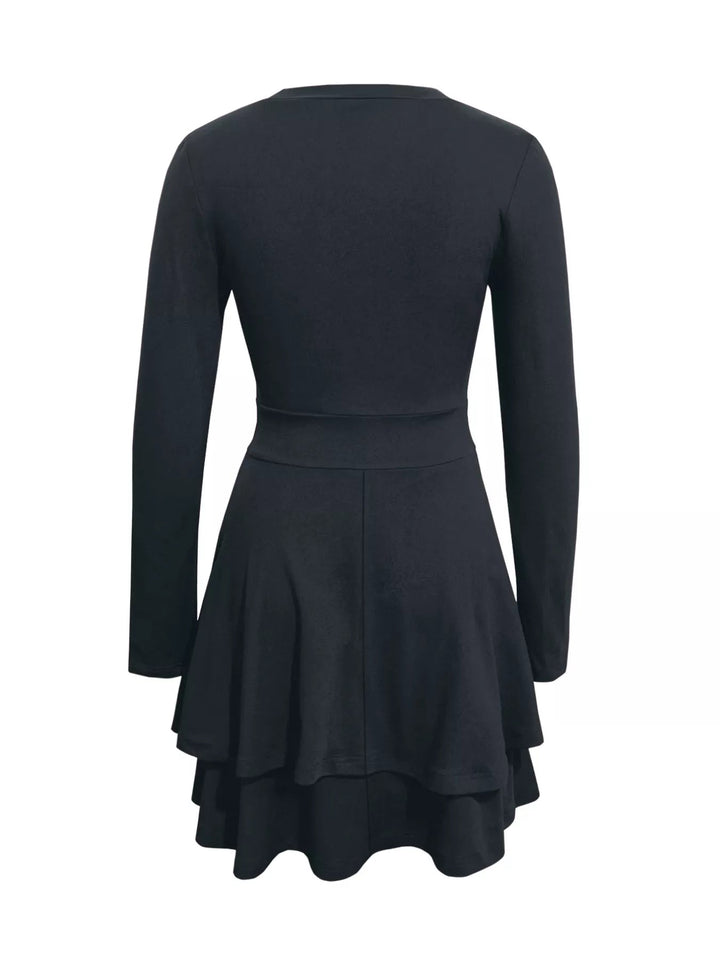 V-Neck Ruffle Mini Dress with layered tiers and flowing silhouette in soft stretch fabric, featuring a flattering V neckline