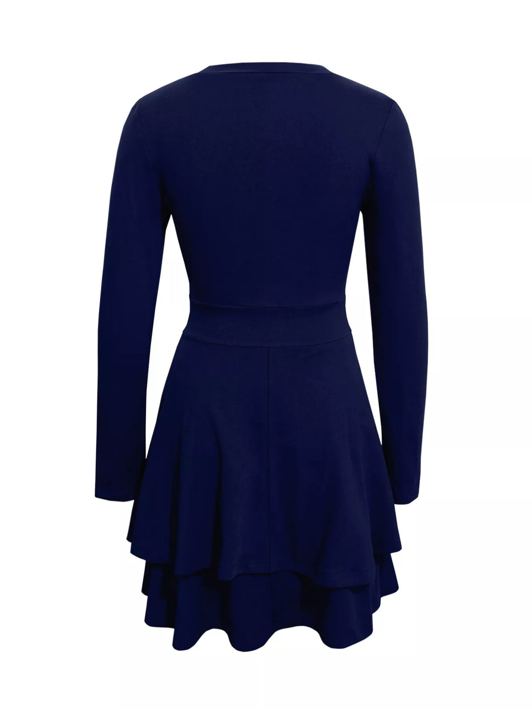 V-Neck Ruffle Mini Dress with layered tiers and flowing silhouette in soft stretch fabric, featuring a flattering V neckline