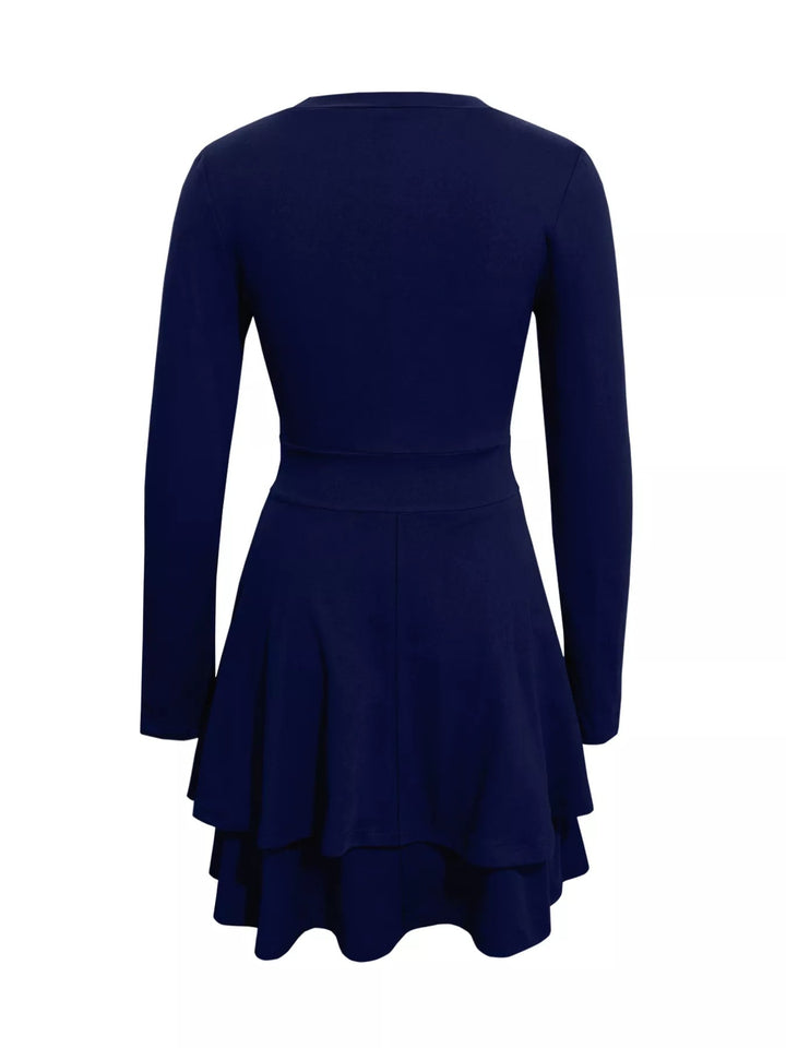 V-Neck Ruffle Mini Dress with layered tiers and flowing silhouette in soft stretch fabric, featuring a flattering V neckline