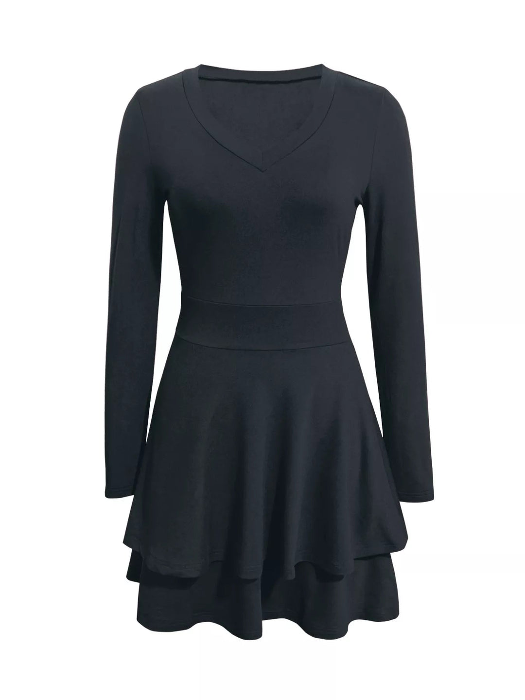 V-Neck Ruffle Mini Dress with layered tiers and flowing silhouette in soft stretch fabric, featuring a flattering V neckline