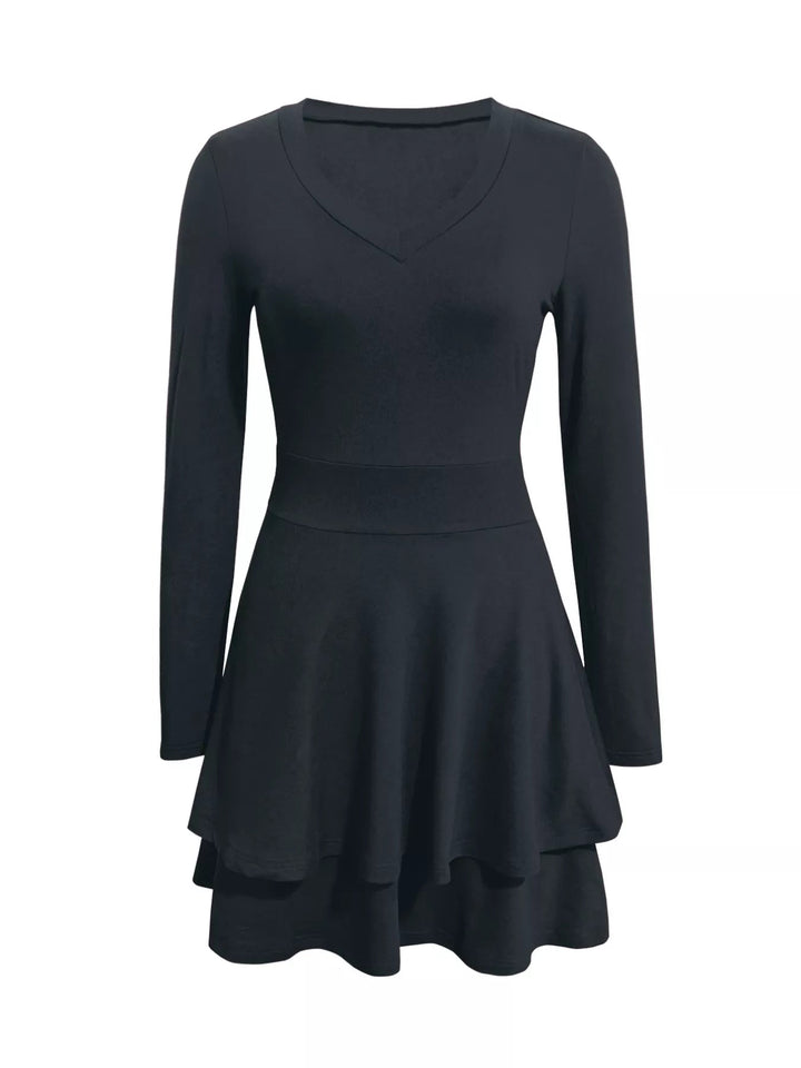 V-Neck Ruffle Mini Dress with layered tiers and flowing silhouette in soft stretch fabric, featuring a flattering V neckline