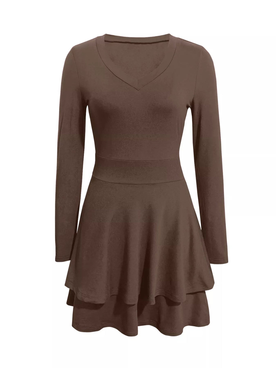 V-Neck Ruffle Mini Dress with layered tiers and flowing silhouette in soft stretch fabric, featuring a flattering V neckline