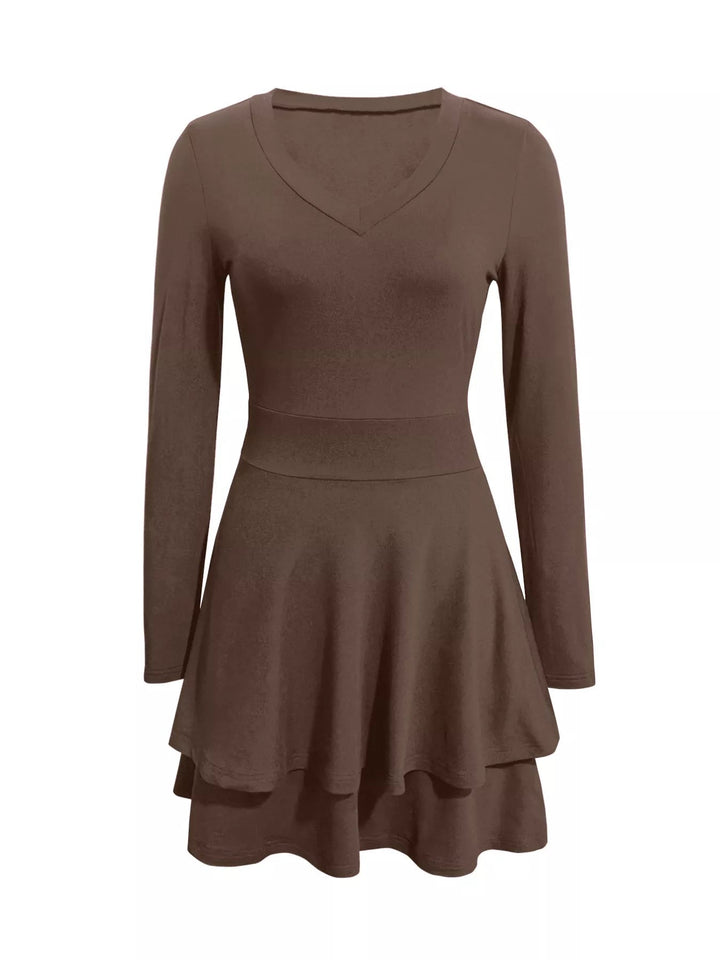V-Neck Ruffle Mini Dress with layered tiers and flowing silhouette in soft stretch fabric, featuring a flattering V neckline