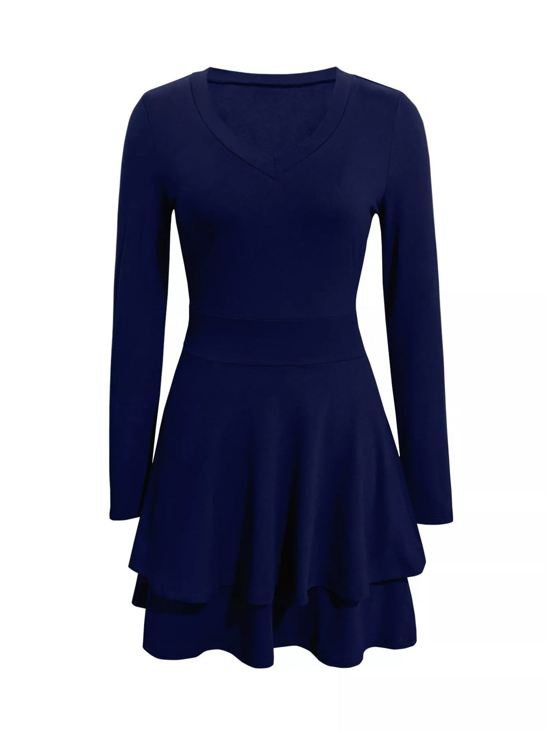 V-Neck Ruffle Mini Dress with layered tiers and flowing silhouette in soft stretch fabric, featuring a flattering V neckline