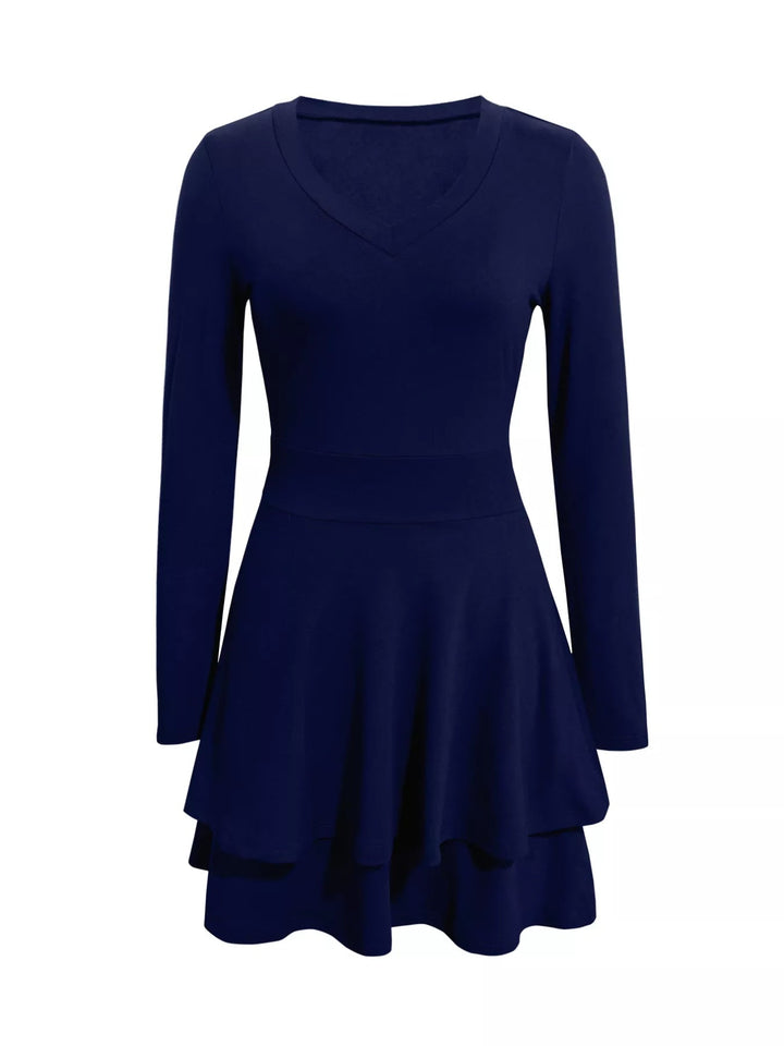 V-Neck Ruffle Mini Dress with layered tiers and flowing silhouette in soft stretch fabric, featuring a flattering V neckline