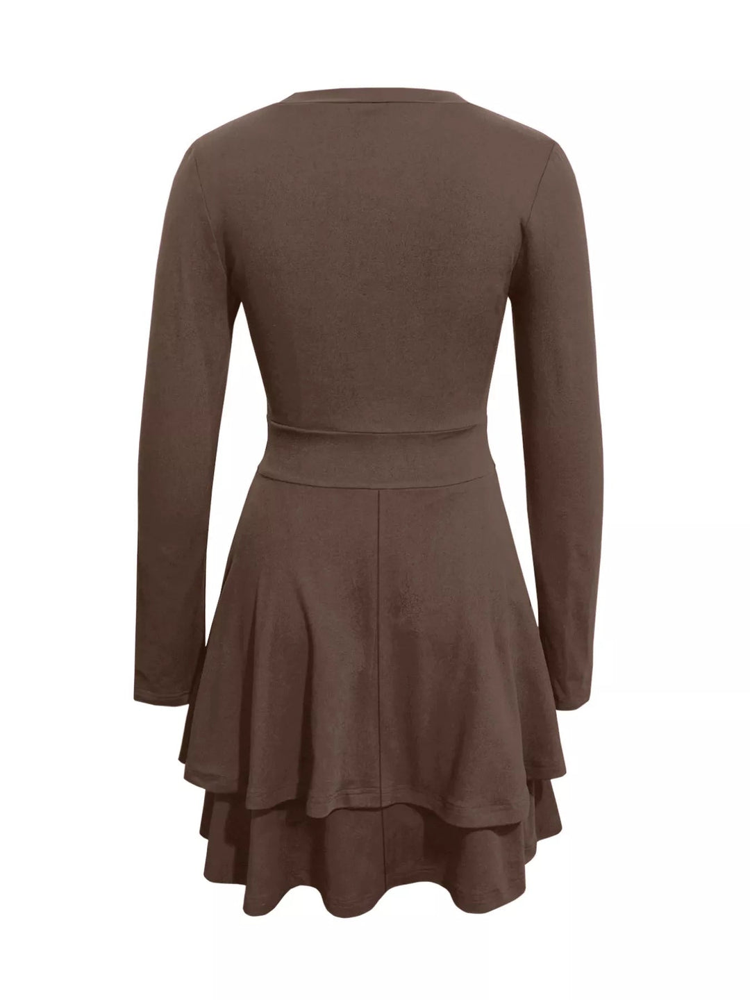 V-Neck Ruffle Mini Dress with layered tiers and flowing silhouette in soft stretch fabric, featuring a flattering V neckline