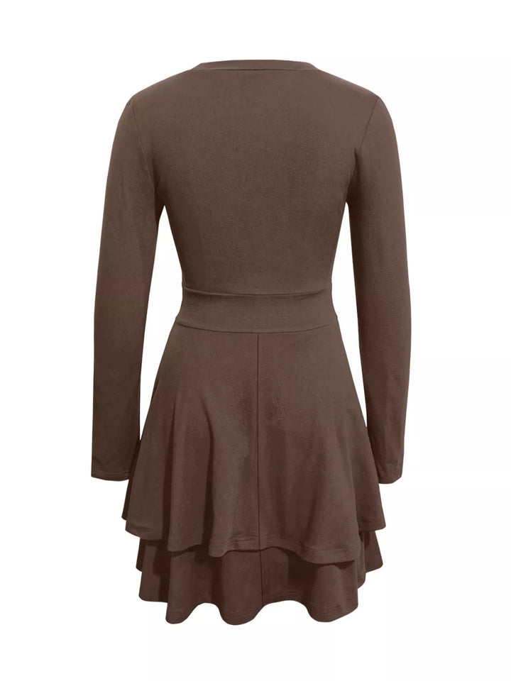 V-Neck Ruffle Mini Dress with layered tiers and flowing silhouette in soft stretch fabric, featuring a flattering V neckline