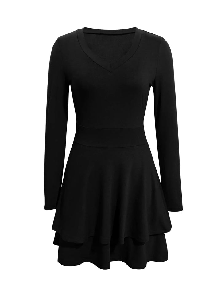 V-Neck Ruffle Mini Dress with layered tiers and flowing silhouette in soft stretch fabric, featuring a flattering V neckline