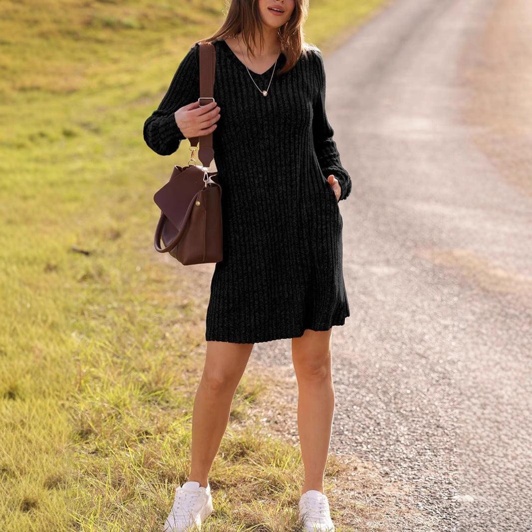 V - neck Pocket Sunken Stripe Brushed Long Sleeve Leisure Dress - Glow Goddess