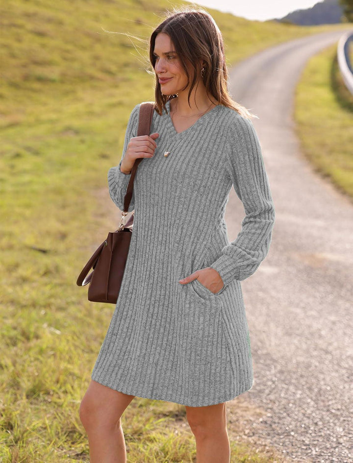 V - neck Pocket Sunken Stripe Brushed Long Sleeve Leisure Dress - Glow Goddess