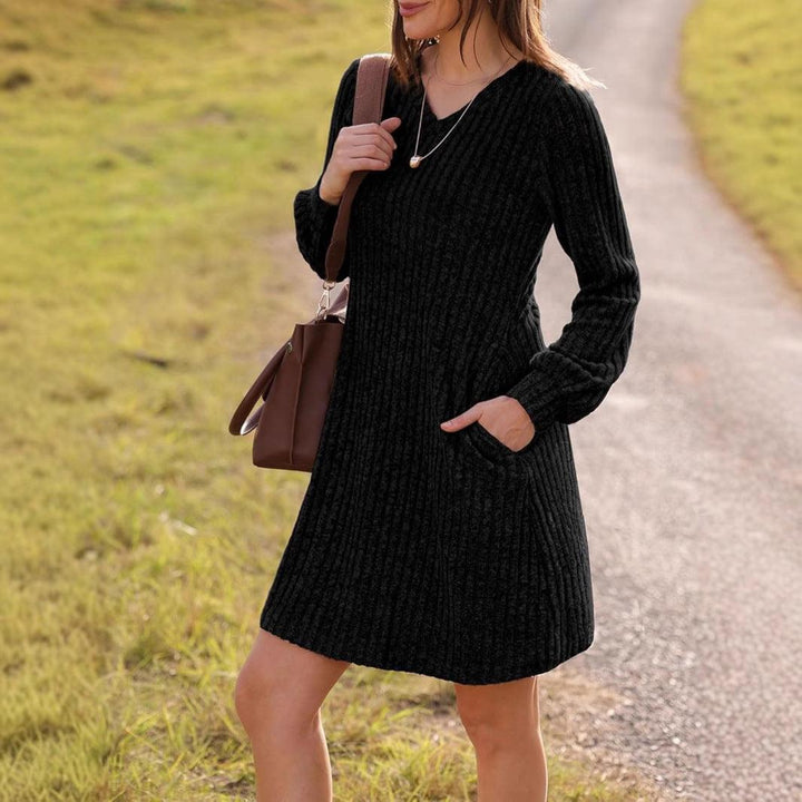 V - neck Pocket Sunken Stripe Brushed Long Sleeve Leisure Dress - Glow Goddess