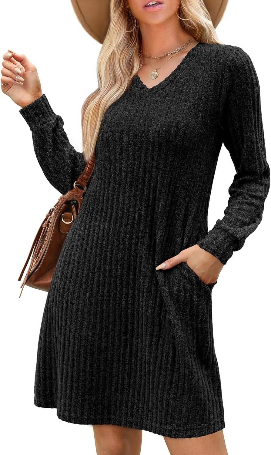 V - neck Pocket Sunken Stripe Brushed Long Sleeve Leisure Dress - Glow Goddess
