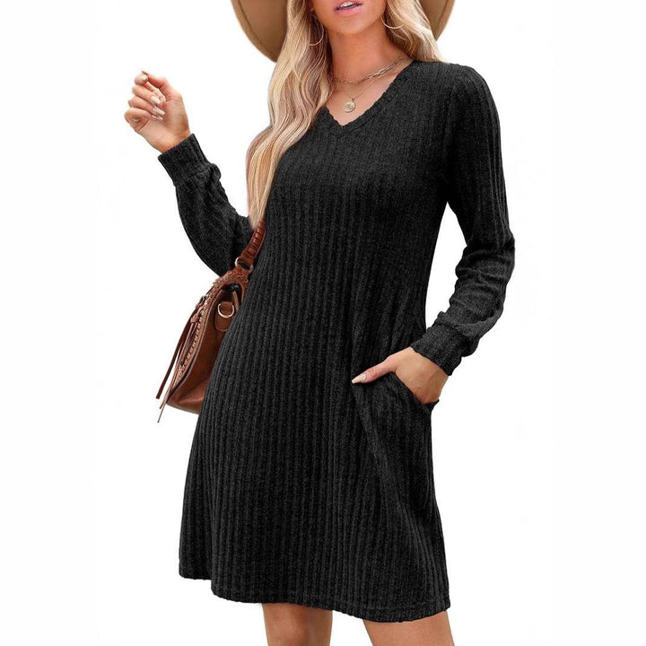 V - neck Pocket Sunken Stripe Brushed Long Sleeve Leisure Dress - Glow Goddess