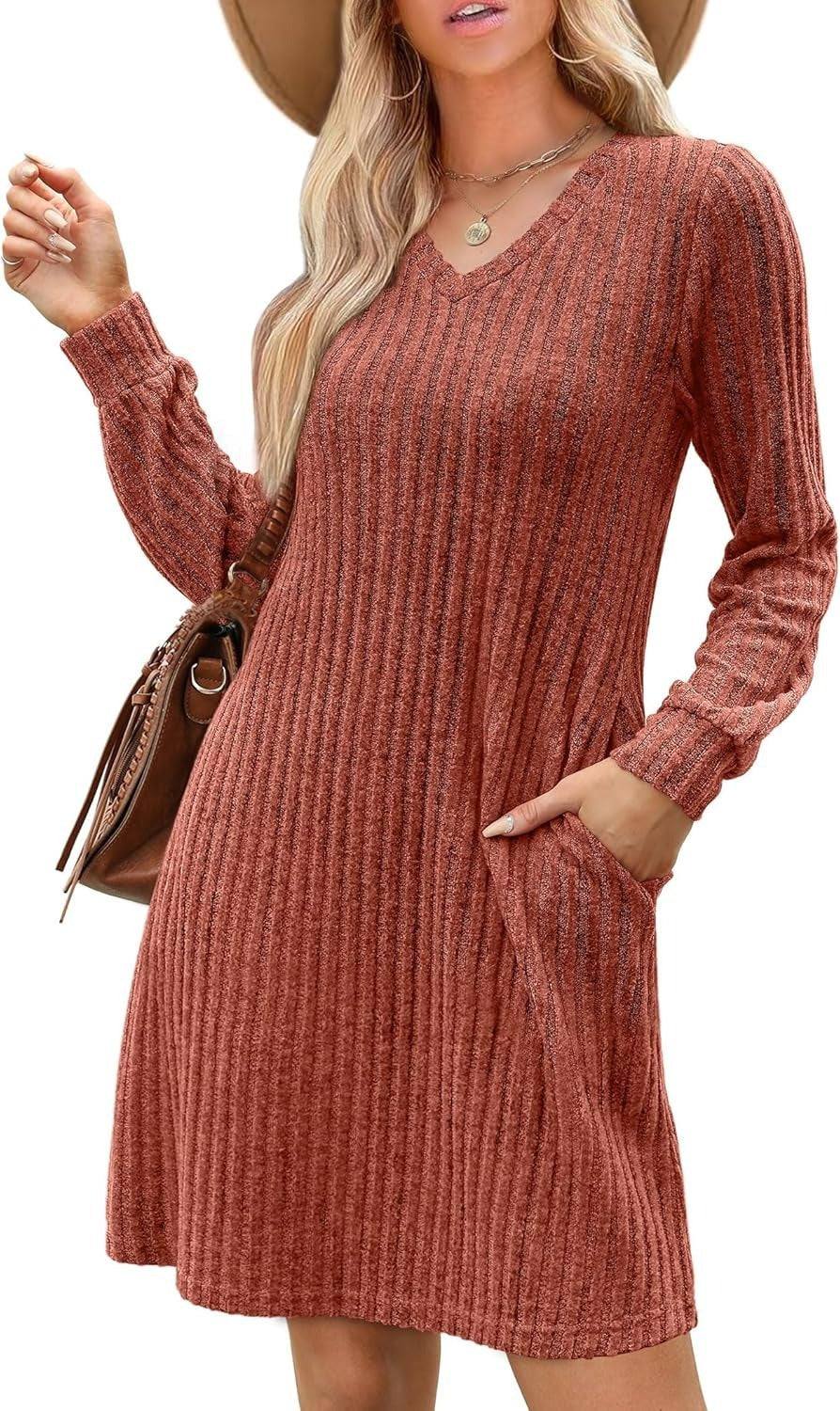 V - neck Pocket Sunken Stripe Brushed Long Sleeve Leisure Dress - Glow Goddess
