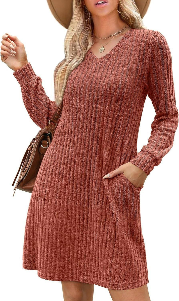 V - neck Pocket Sunken Stripe Brushed Long Sleeve Leisure Dress - Glow Goddess