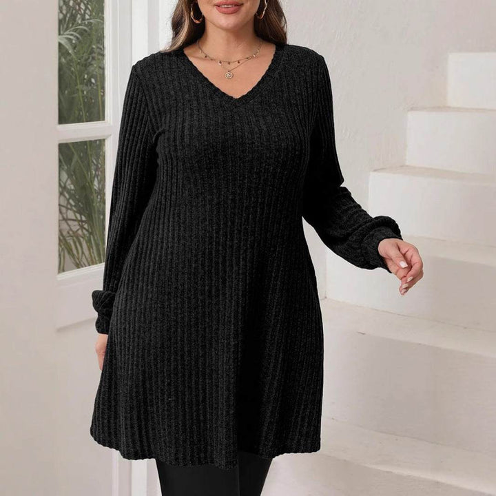 V - neck Pocket Sunken Stripe Brushed Long Sleeve Leisure Dress - Glow Goddess