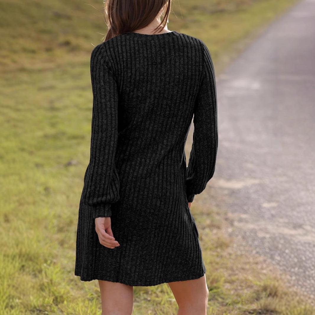 V - neck Pocket Sunken Stripe Brushed Long Sleeve Leisure Dress - Glow Goddess