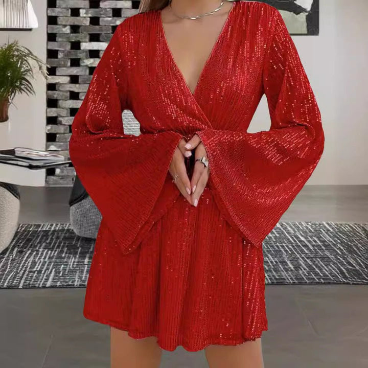 V-neck sequin evening dress with bell sleeves and loose waist, short party dress in solid color