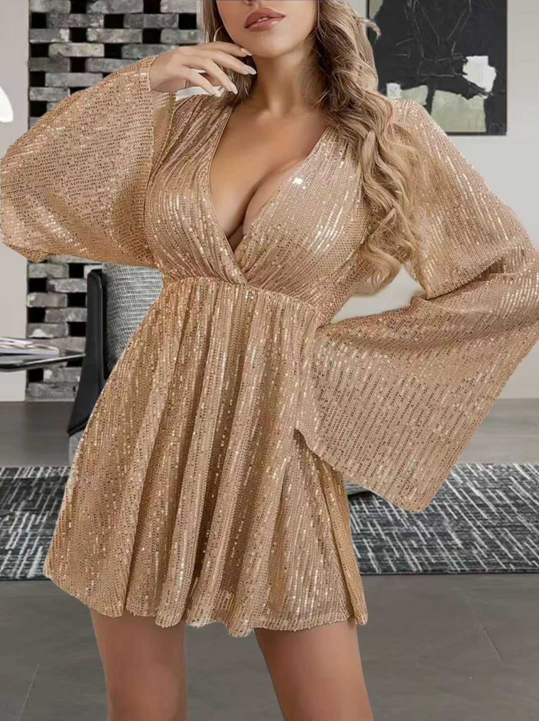 V-neck sequin evening dress with bell sleeves and loose waist, short party dress in solid color