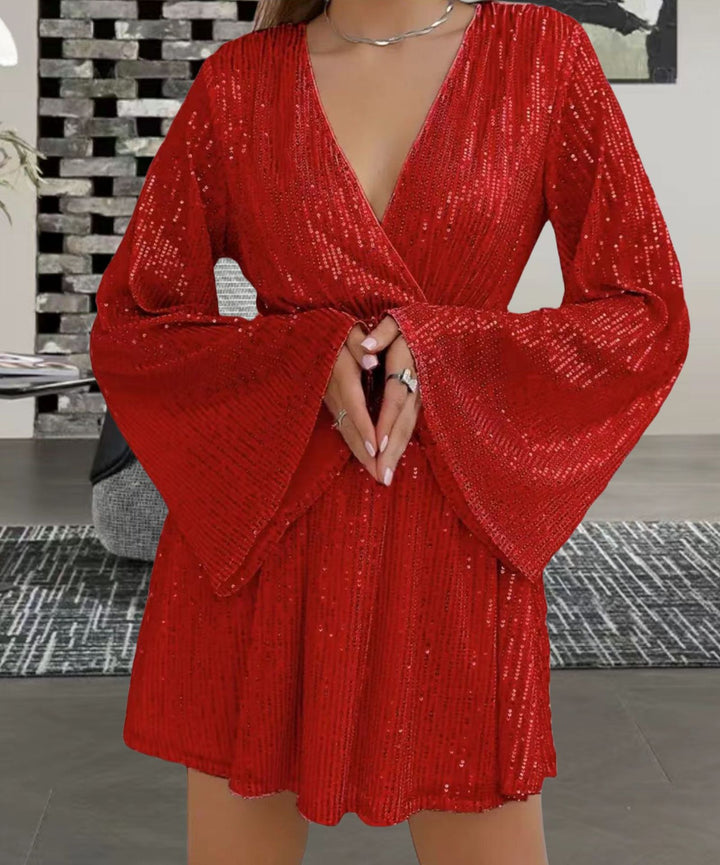 V-neck sequin evening dress with bell sleeves and loose waist, short party dress in solid color
