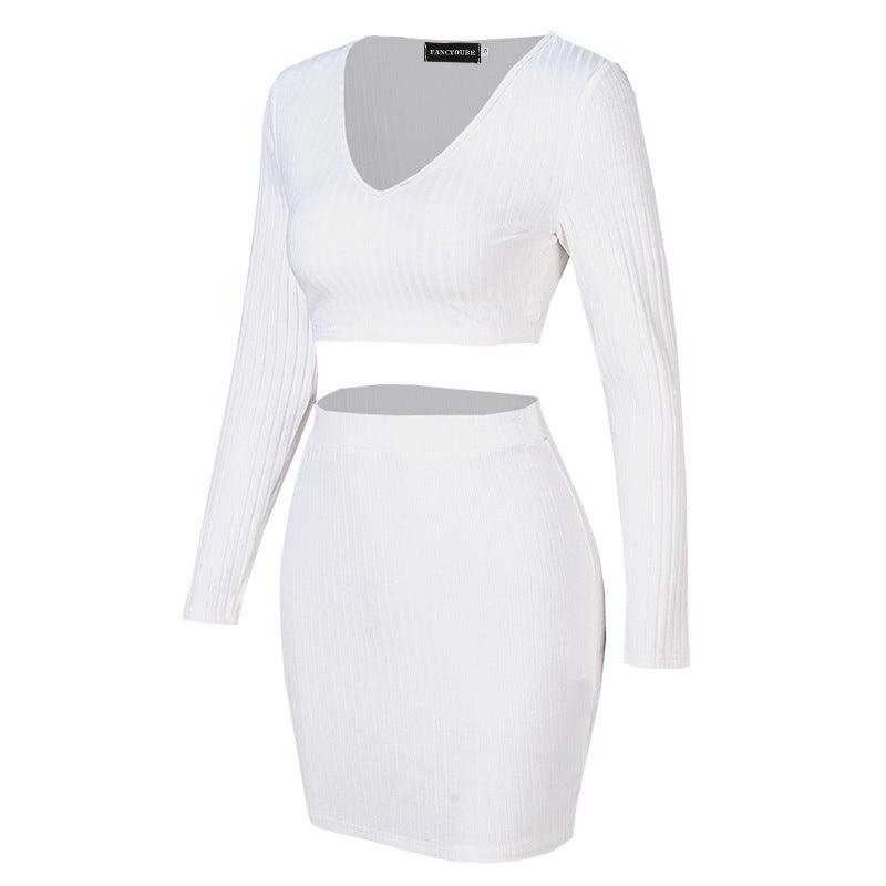 V - neck Skirt Adult Lady Like Woman Style Long Sleeve Solid Color Skirt Suit - Glow Goddess