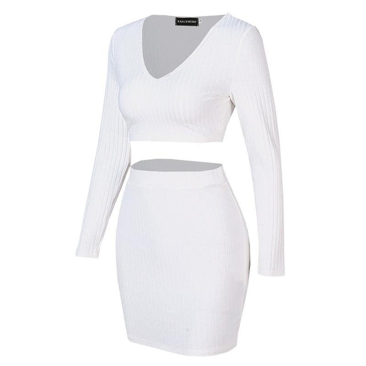 V - neck Skirt Adult Lady Like Woman Style Long Sleeve Solid Color Skirt Suit - Glow Goddess