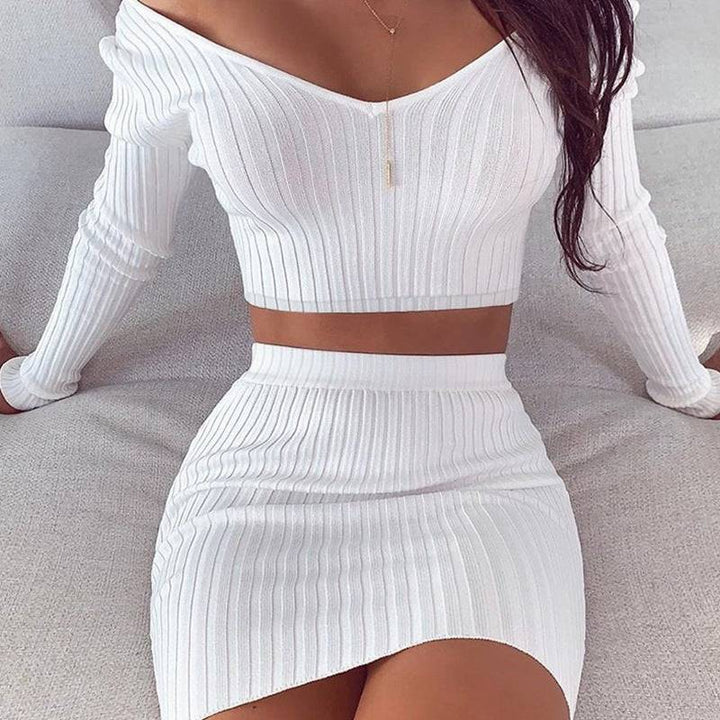 V - neck Skirt Adult Lady Like Woman Style Long Sleeve Solid Color Skirt Suit - Glow Goddess