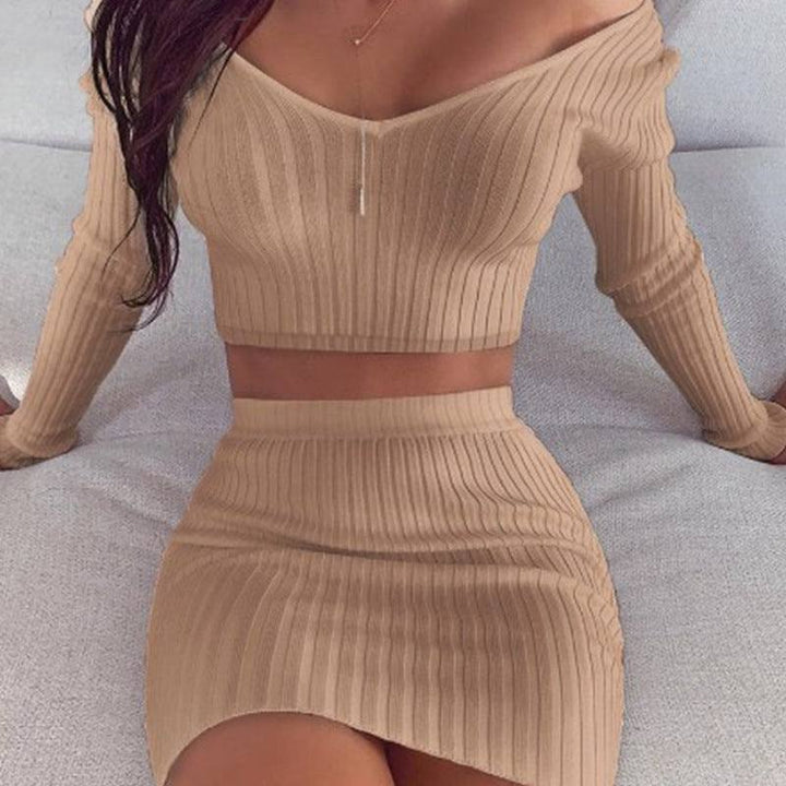 V - neck Skirt Adult Lady Like Woman Style Long Sleeve Solid Color Skirt Suit - Glow Goddess