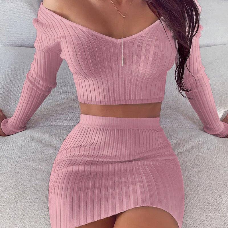 V - neck Skirt Adult Lady Like Woman Style Long Sleeve Solid Color Skirt Suit - Glow Goddess