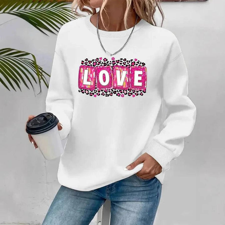 Valentine’s Day sweatshirt for women with printed design, round neck, and long sleeves