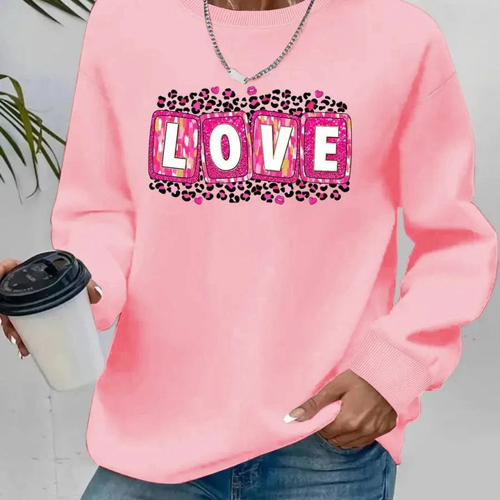 Valentine’s Day sweatshirt for women with printed design, round neck, and long sleeves