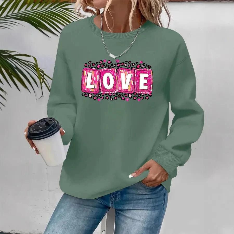 Valentine’s Day sweatshirt for women with printed design, round neck, and long sleeves