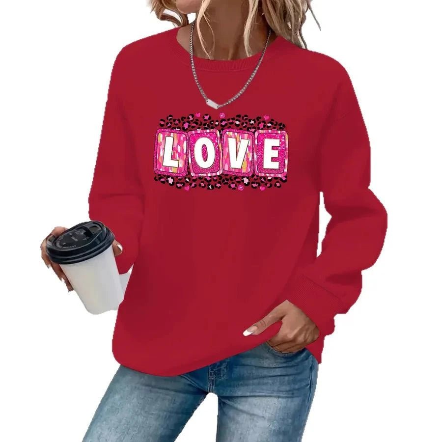 Valentine’s Day sweatshirt for women with printed design, round neck, and long sleeves
