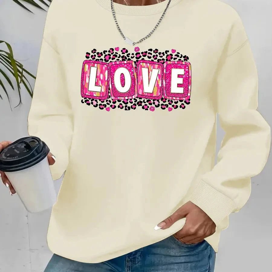 Valentine’s Day sweatshirt for women with printed design, round neck, and long sleeves