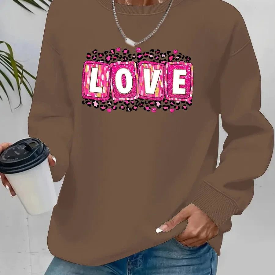 Valentine’s Day sweatshirt for women with printed design, round neck, and long sleeves