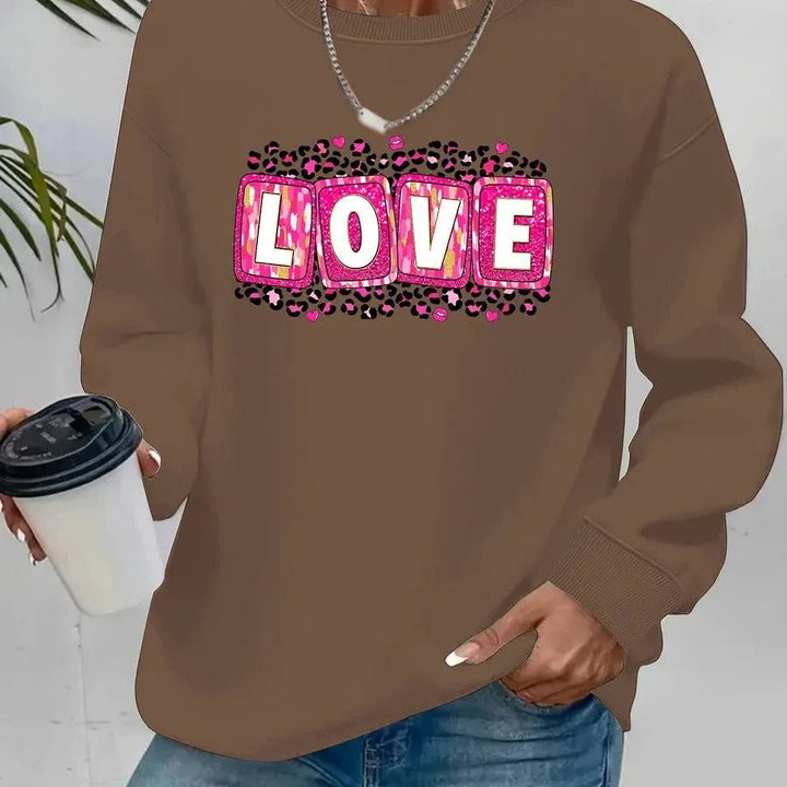 Valentine’s Day sweatshirt for women with printed design, round neck, and long sleeves