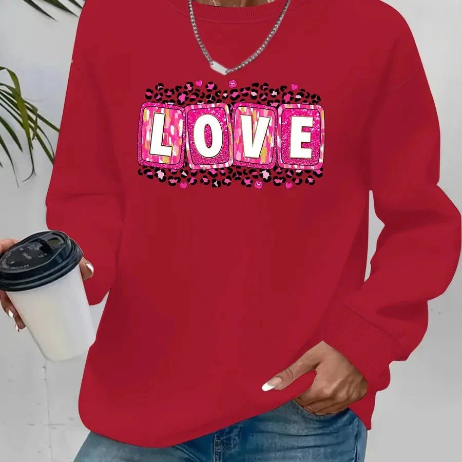 Valentine’s Day sweatshirt for women with printed design, round neck, and long sleeves