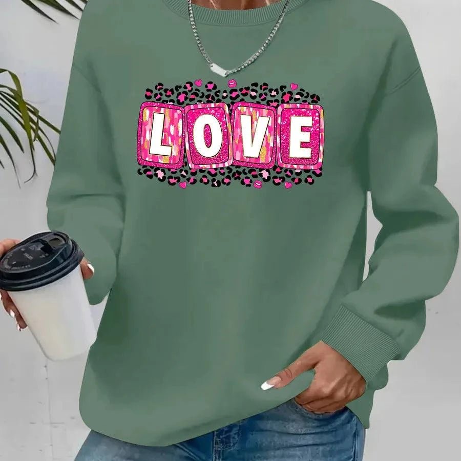 Valentine’s Day sweatshirt for women with printed design, round neck, and long sleeves