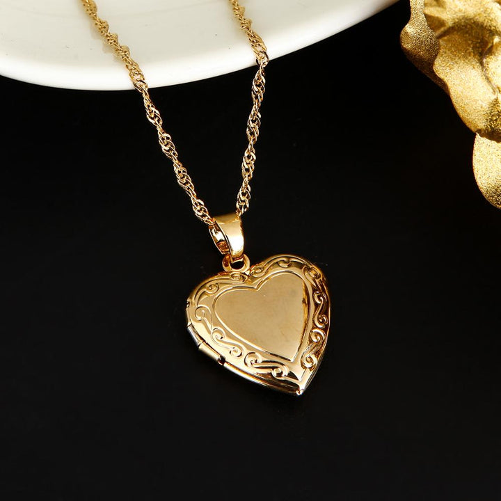 Valentines Gift Heart Locket Pendant Necklace 24K Gold Color Romantic Fancy Heart Jewelry For Women - Glow Goddess