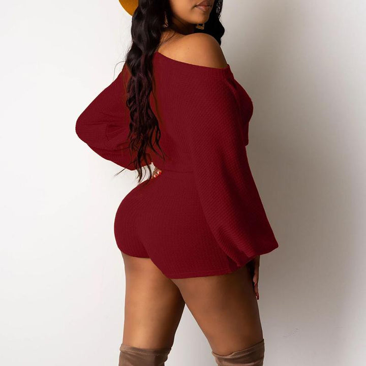 White Two Piece Romper set for women, elegant spring loose outfit with matching top and shorts, red accents.