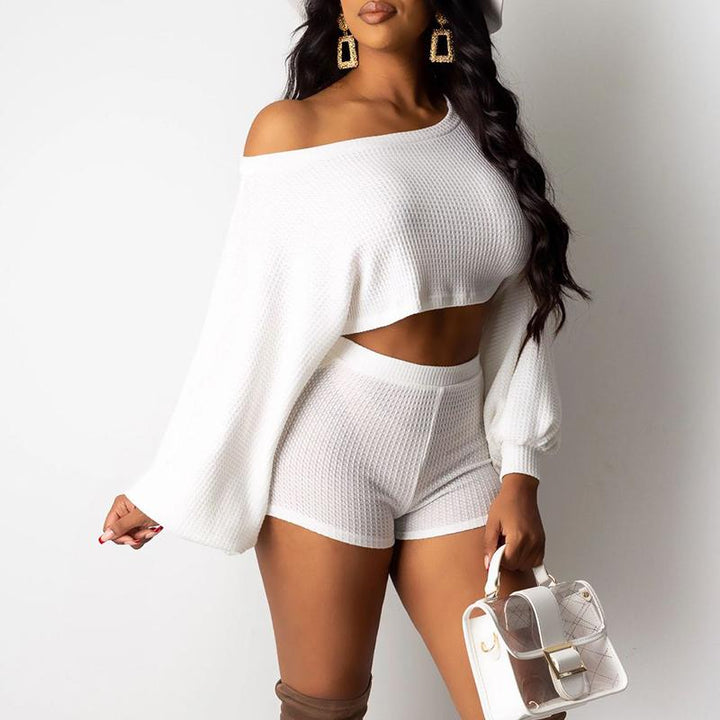 White Two Piece Romper set for women, elegant spring loose outfit with matching top and shorts, red accents.