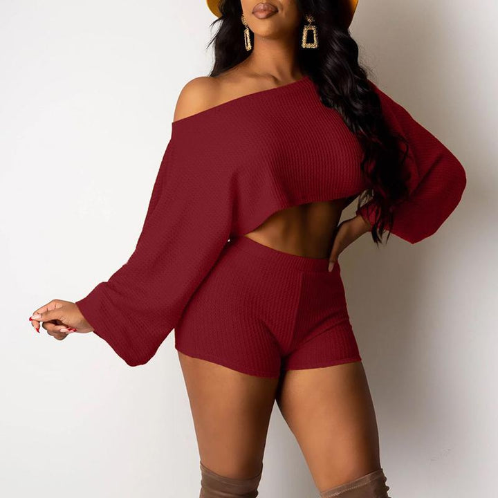 White Two Piece Romper set for women, elegant spring loose outfit with matching top and shorts, red accents.